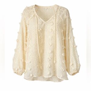 Calypso St. Barth Cream Textured Pom Pom Boho Blouse | XL
